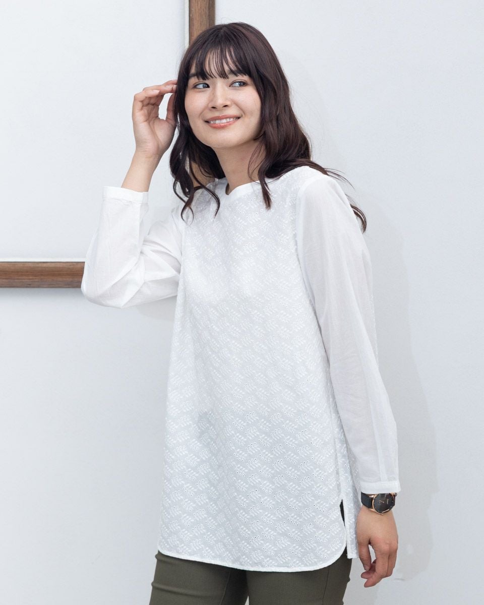 ●Golden Bear コットン 花 刺繍 長袖 カットソー ホワイト LL White Labelオーガニックコットン花柄シャツ | ゴールデンベアストア