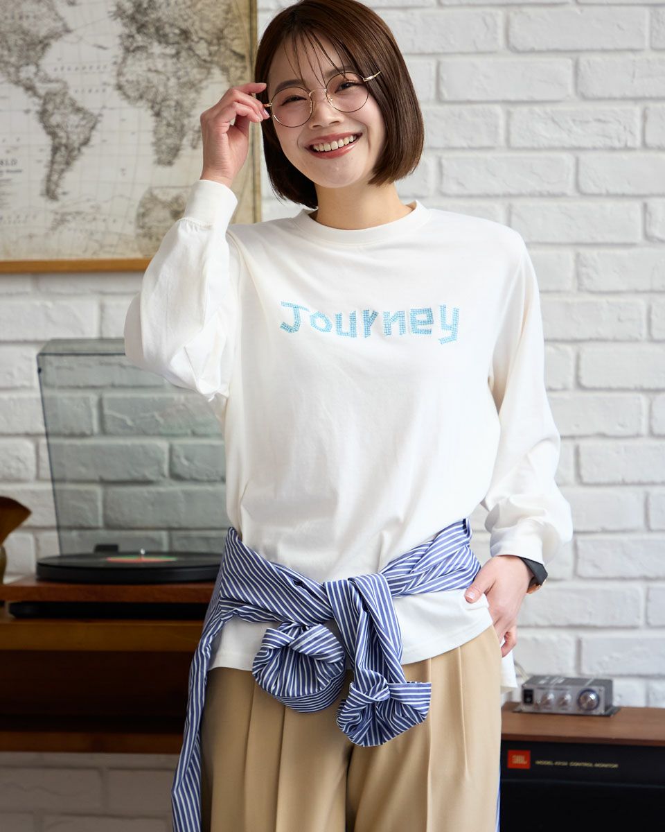 ●Golden Bear コットン 花 刺繍 長袖 カットソー ホワイト LL Golden Bear刺しゅう長袖Tシャツ | ゴールデンベアストア