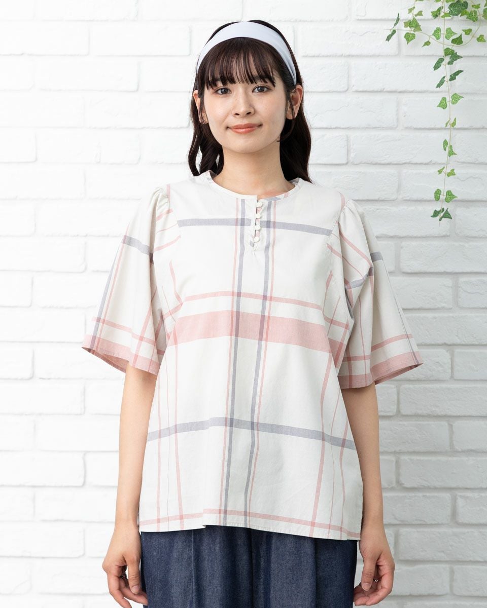 ボタニカル染めチェックブラウス