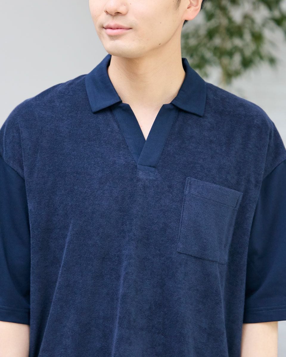 A.P.C. ネイビー ポロシャツ 濃紺 スキッパー L NAVY SARARI リップルスキッパーポロシャツ メンズ
