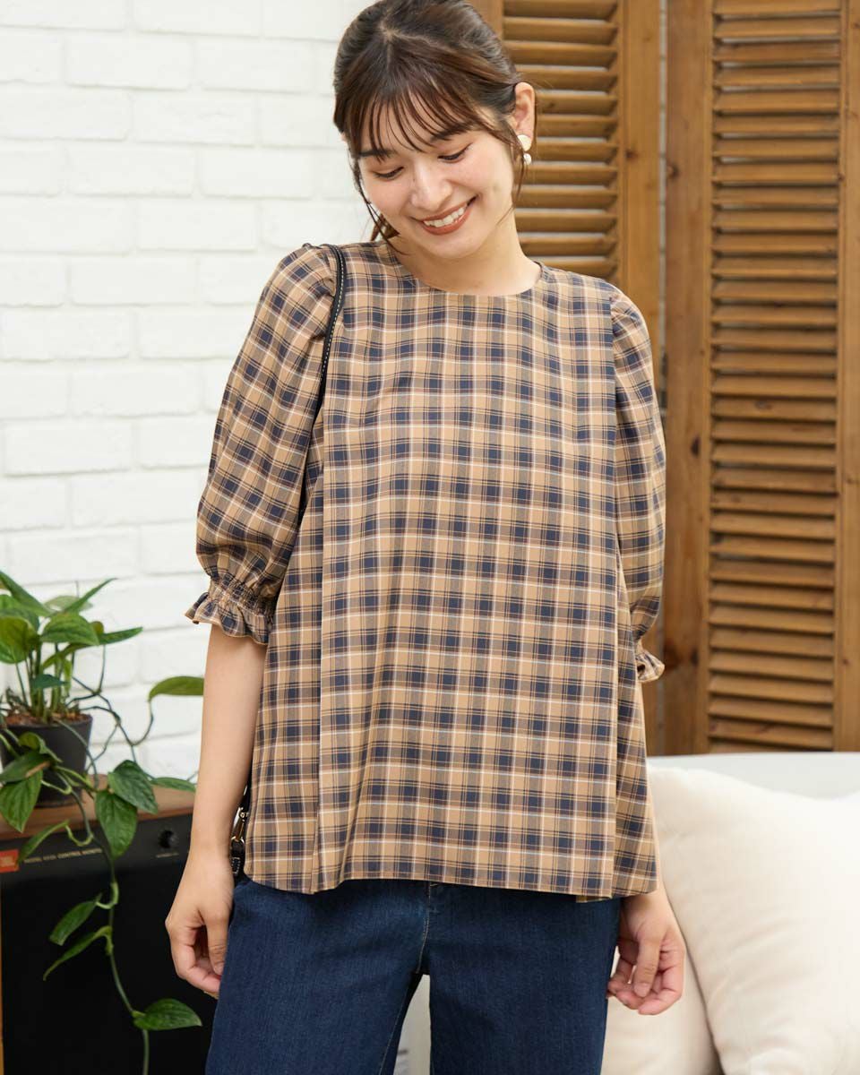 B&amp;B コットンリネン チェックブラウス ベージュ 再入荷】チェックブラウス(ベージュ) - seventen