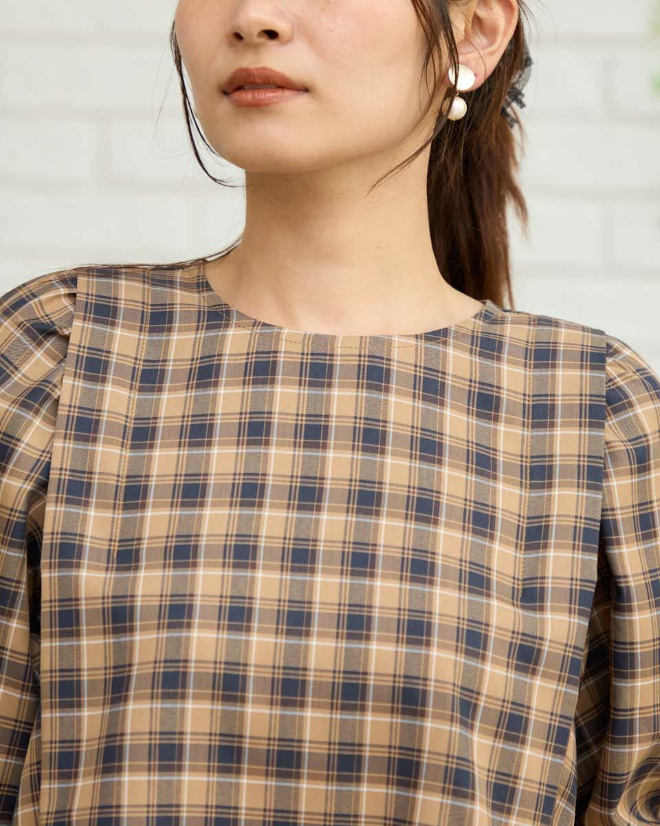 B&amp;B コットンリネン チェックブラウス ベージュ 再入荷】チェックブラウス(ベージュ) - seventen