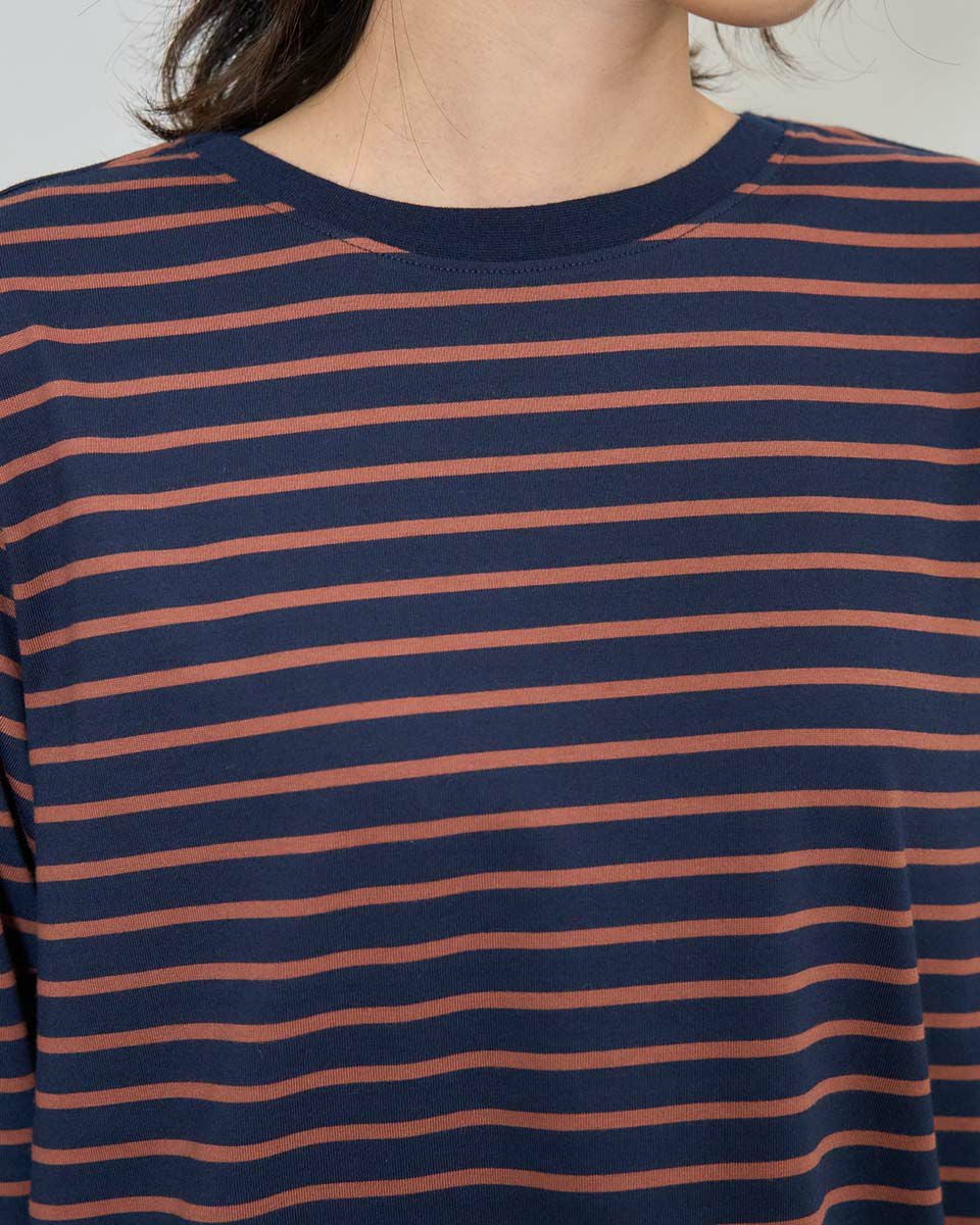 our  ボーダー柄の5分袖シャーリングカットソー ネイビー×ブラウン コットンブラウンボーダーロングTシャツ WR0001 – YOLO（ヨロ