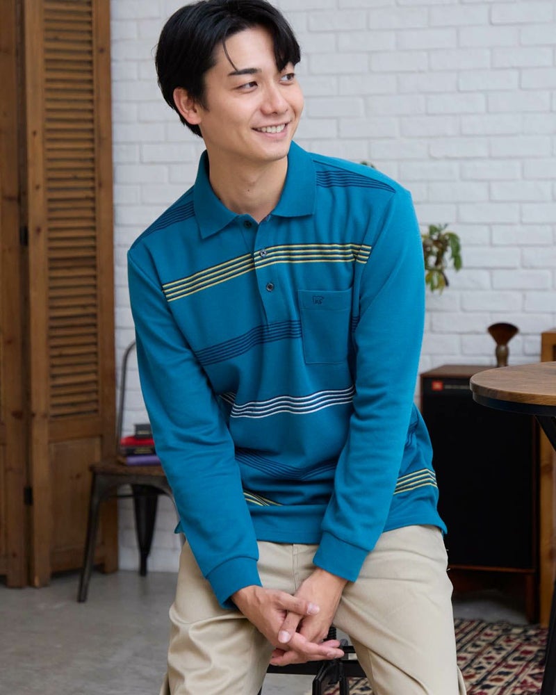 ボーダー長袖ポロシャツ