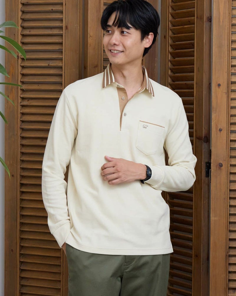 布帛襟長袖ポロシャツ