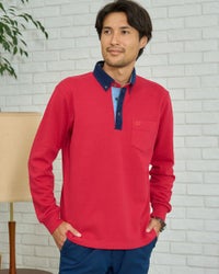 布帛襟長袖ポロシャツ