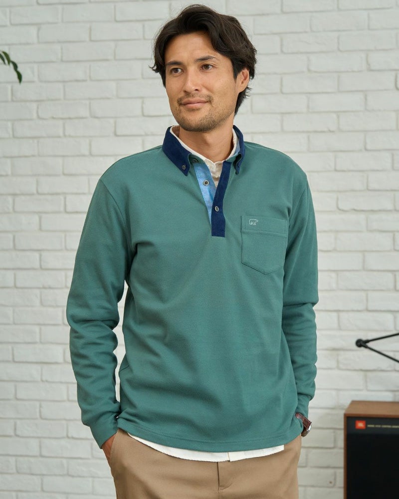 布帛襟長袖ポロシャツ