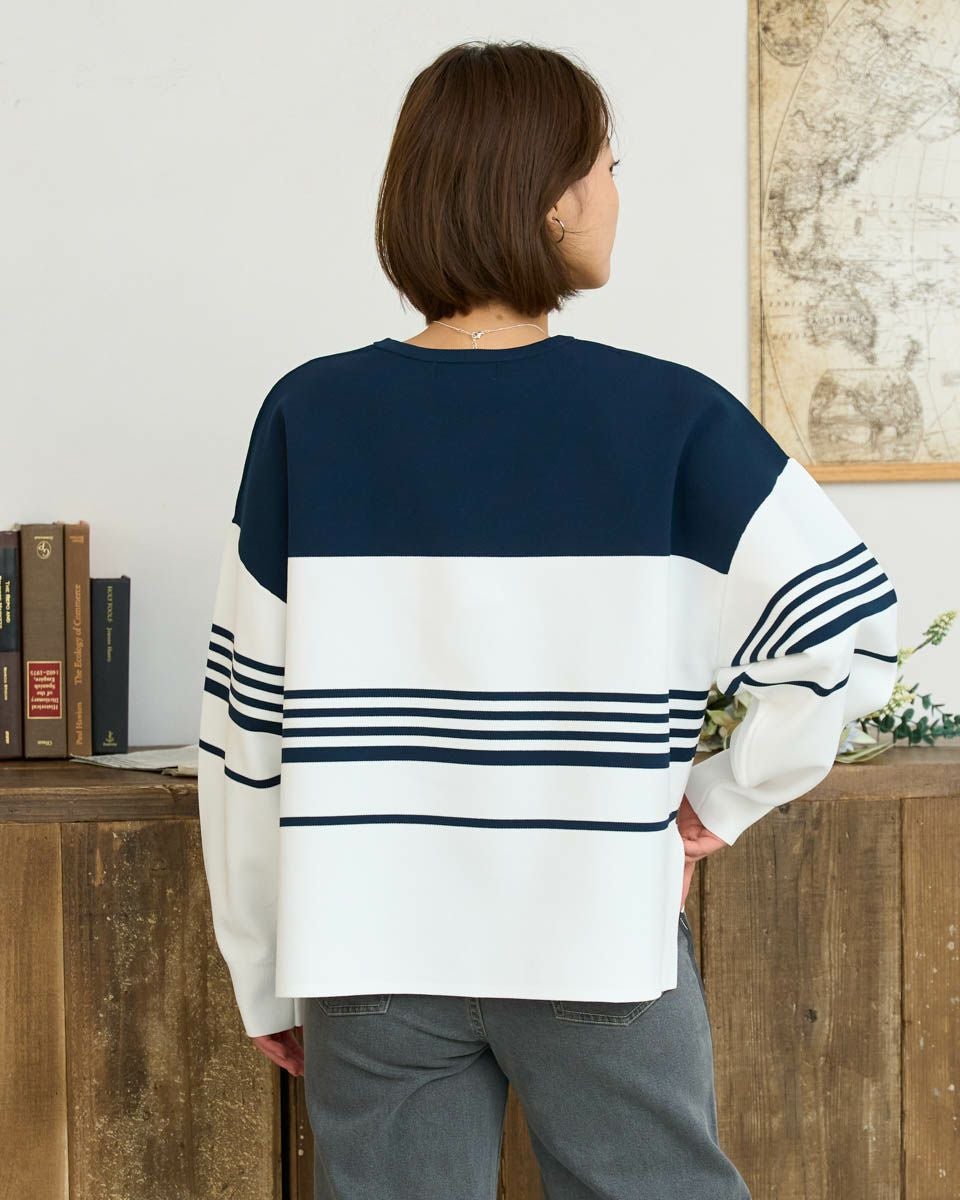 ebure コットンニットカットソー ネイビー×白×マスタード 38 crie conforto】タックスリーブニット｜WOMEN｜254IST70-022I｜AZUL BY
