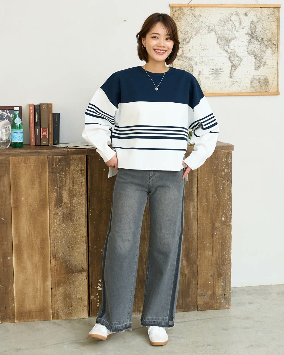 ebure コットンニットカットソー ネイビー×白×マスタード 38 襟付きアイレットニット | ニット | NOELA OFFICIAL WEB STORE