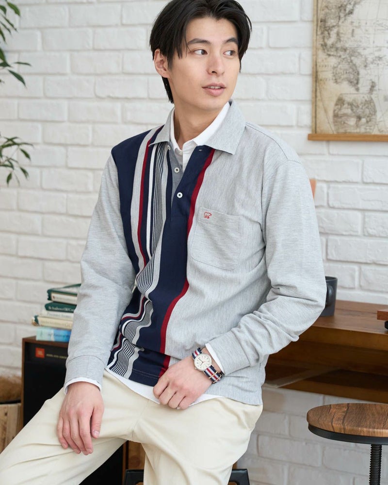 長袖ストライプポロシャツ