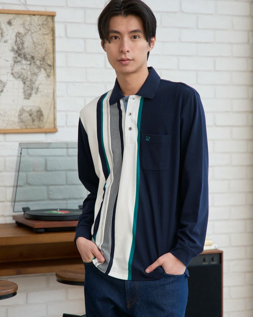 長袖ストライプポロシャツ