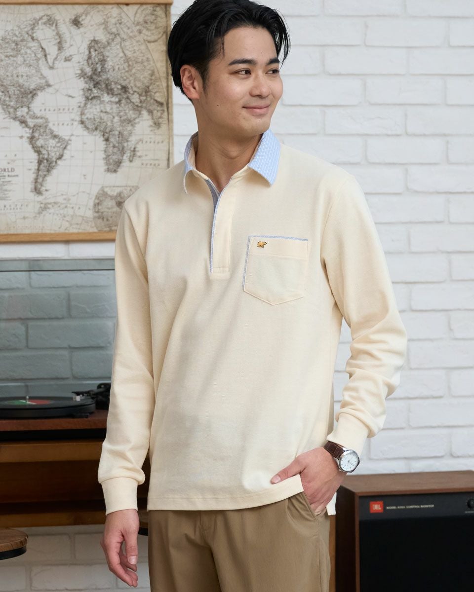 長袖布帛襟ポロシャツ
