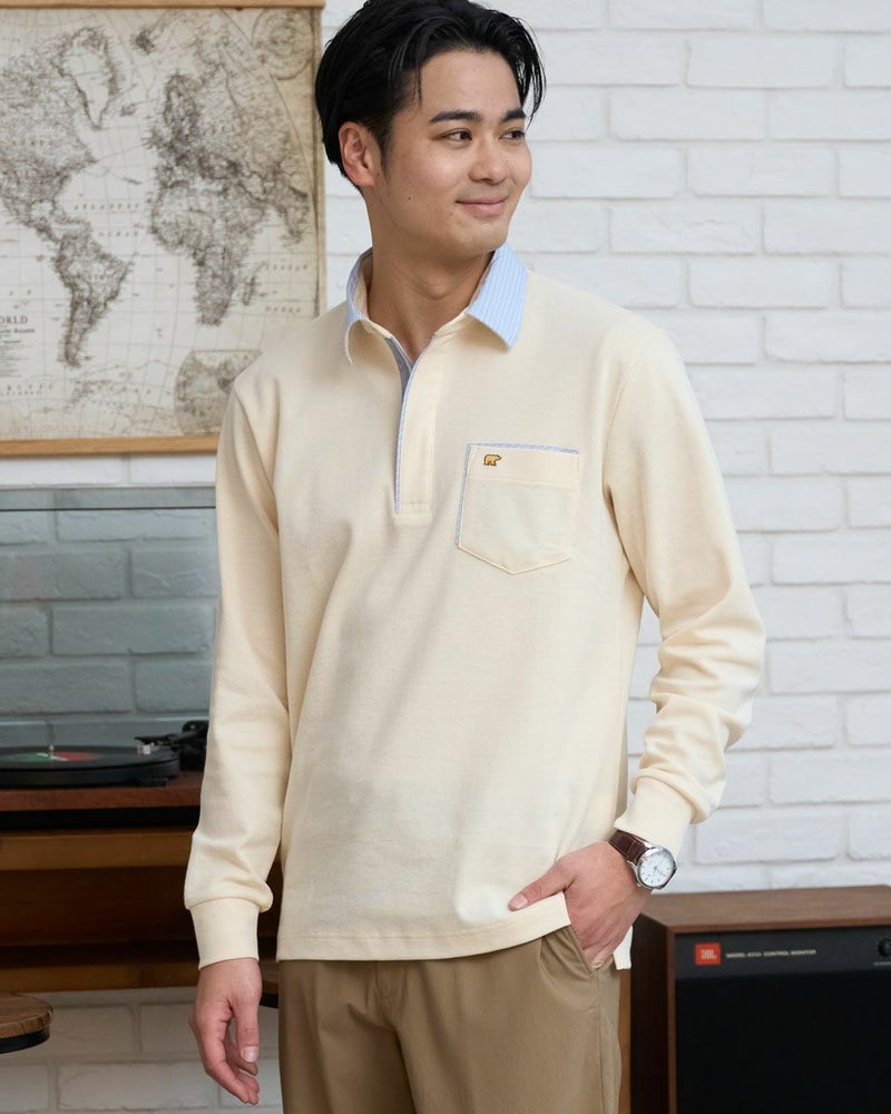 長袖布帛襟ポロシャツ