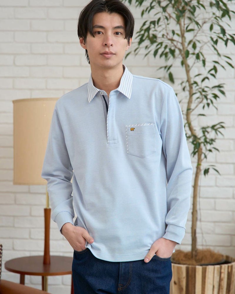 長袖布帛襟ポロシャツ