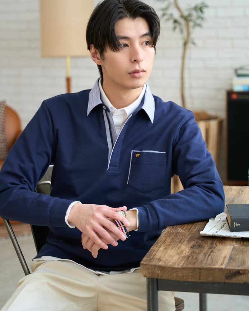 長袖布帛襟ポロシャツ