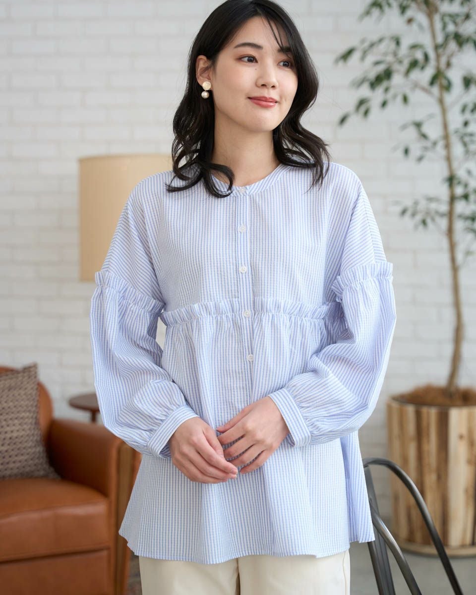優しいお色と綺麗シルエット♪　ストレッチ　サテンストライプシャツ　M ベージュ White Labelストライプシャツ | ゴールデンベアストア