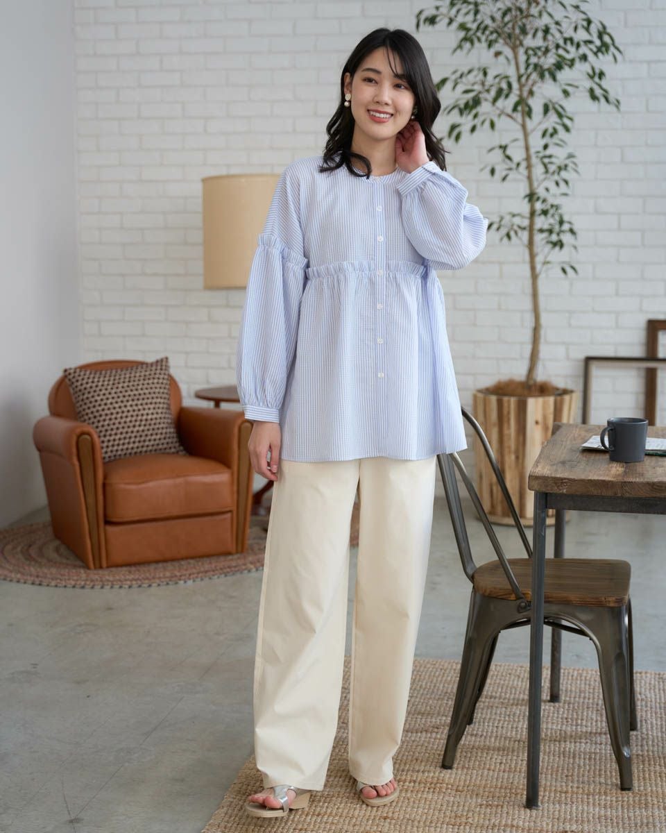 優しいお色と綺麗シルエット♪　ストレッチ　サテンストライプシャツ　M ベージュ サテン ストライプ シャツ | イエナ(IENA) | マルイウェブチャネル