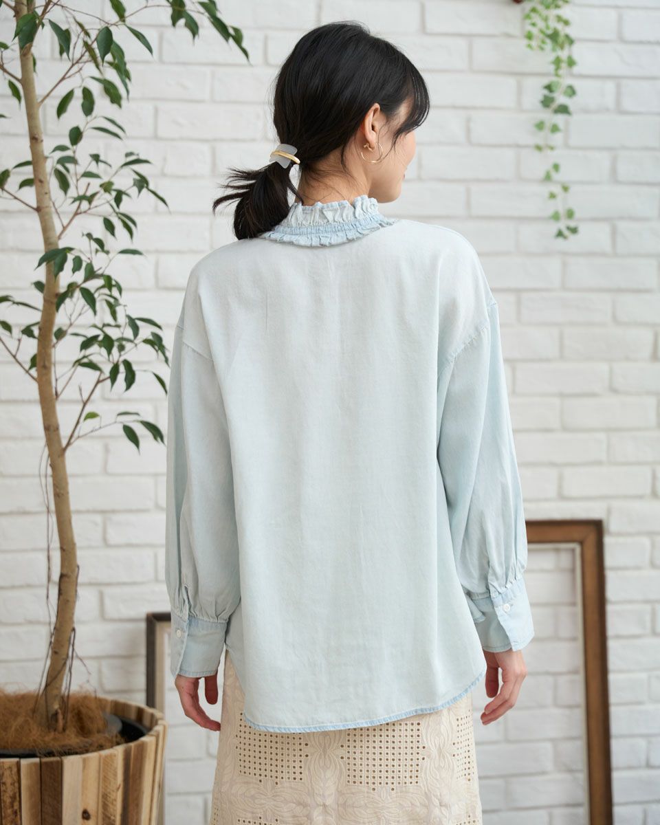 フランス購入 フリル装飾が胸元を飾る 高級ソフトデニムシャツアウター White Labelフリルデニムシャツ | ゴールデンベアストア