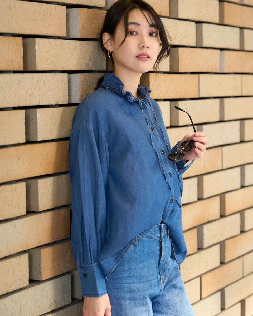 古着 PASSPORTS フリル 長袖 デニムシャツ レディースL相当/eaa594384 デニムシャツ レディース フリル デニム シャツ ブラウス 長袖 フリル