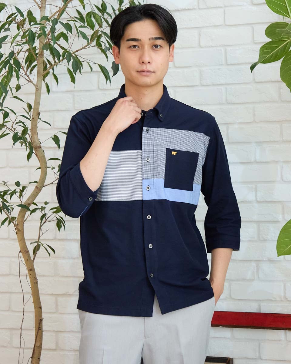 シャツ+ブラウス(長袖+七分) GOLDEN  denimshirtindigoBlue design ウェーブシアー7分袖スタンドシャツ｜シャツ/ブラウス｜ニコル公式通販