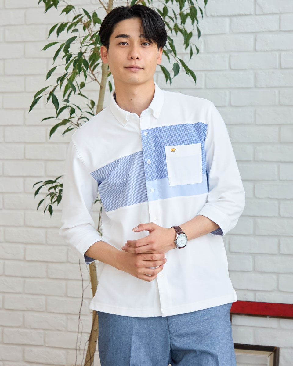 シャツ+ブラウス(長袖+七分) GOLDEN  denimshirtindigoBlue design ウェーブシアー7分袖スタンドシャツ｜シャツ/ブラウス｜ニコル公式通販