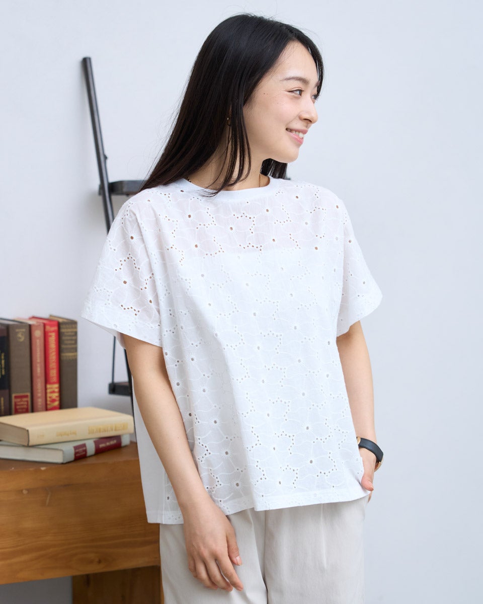 フランス購入 ピュアホワイトにゴールドの煌めき白レースTシャツ Golden Bearレース切替Tシャツ | ゴールデンベアストア