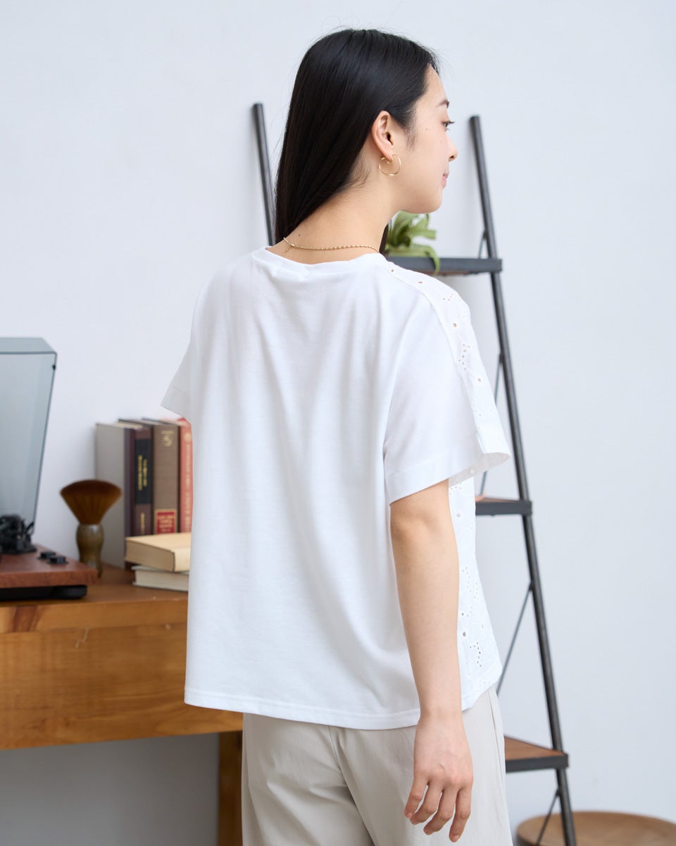 フランス購入 ピュアホワイトにゴールドの煌めき白レースTシャツ M Maglie le cassetto×吉田理紗》ビスチェ風ジャ